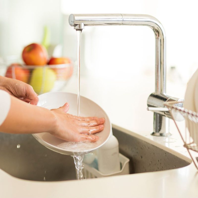 Woman Washing Dishes in Sink