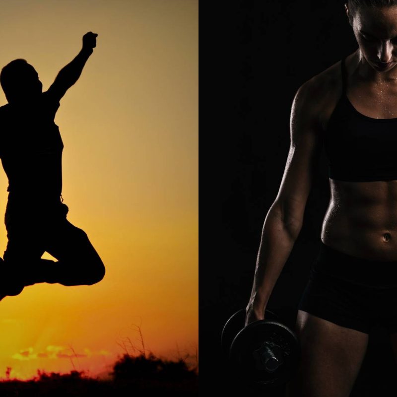 Man Jumping in Air with Motivation and Strong Woman who is Disciplined